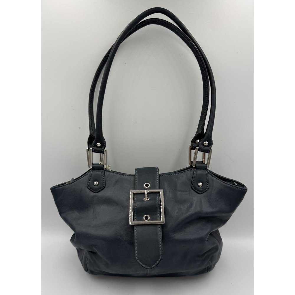 Tignanello Buckle Satchel Purse Handbag Navy Blue Leather Double Handle Lined